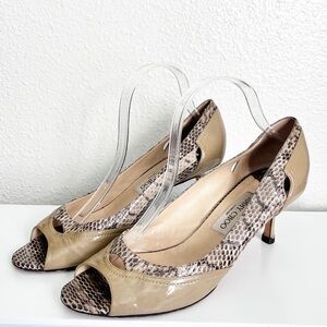 Jimmy Choo Python & Beige Patent Leather Open Toe Heels Size 41
